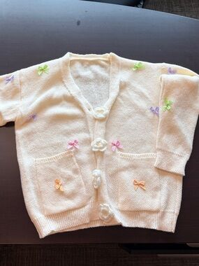 Cream Knit Cardigan with Pastel Bow Accents